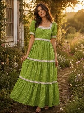 1970’s Floral Lace Trim Prairie Maxi Dress - XS